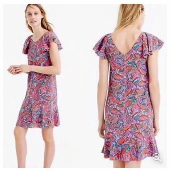 J. CREW Vibrant Paisley Ruffled Flutter Sleeve 100% Silk Shift Dress - Picture 1 of 11